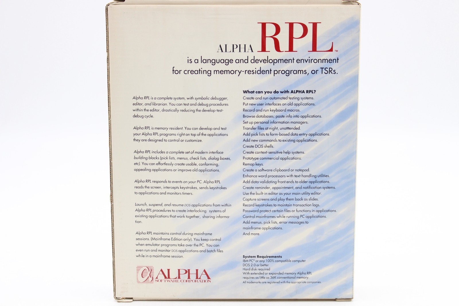 Alpha RPL Resident Programming Language Software IBM PC DOS Rare RETAIL BOX