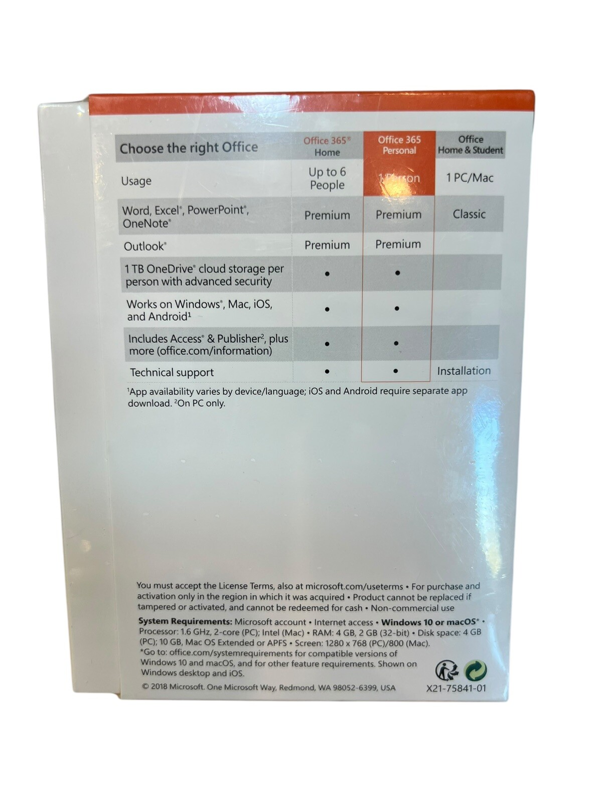 Microsoft Office 365 Personal – 1 Year Box Product Key Card SKU-QQ2-00728 PC MAC