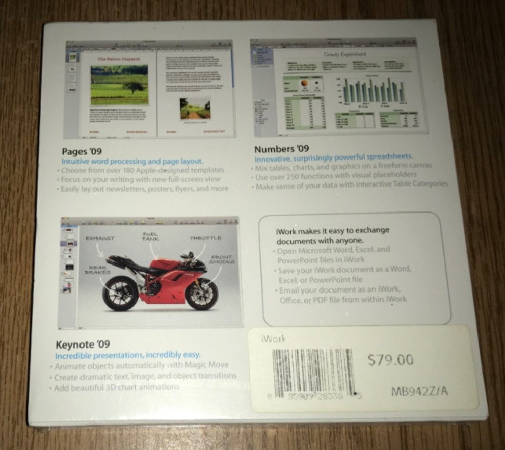APPLE iWORK V.9.0.3 MB942Z/A NIB PAGES NUMBERS KEYNOTE NEW (SMALL TEAR IN CELLO)