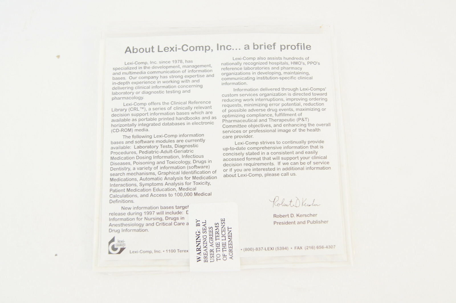 Lexi-Comp’s Clinical Reference Library 1996 CD-Rom Version 96.4 PC Software
