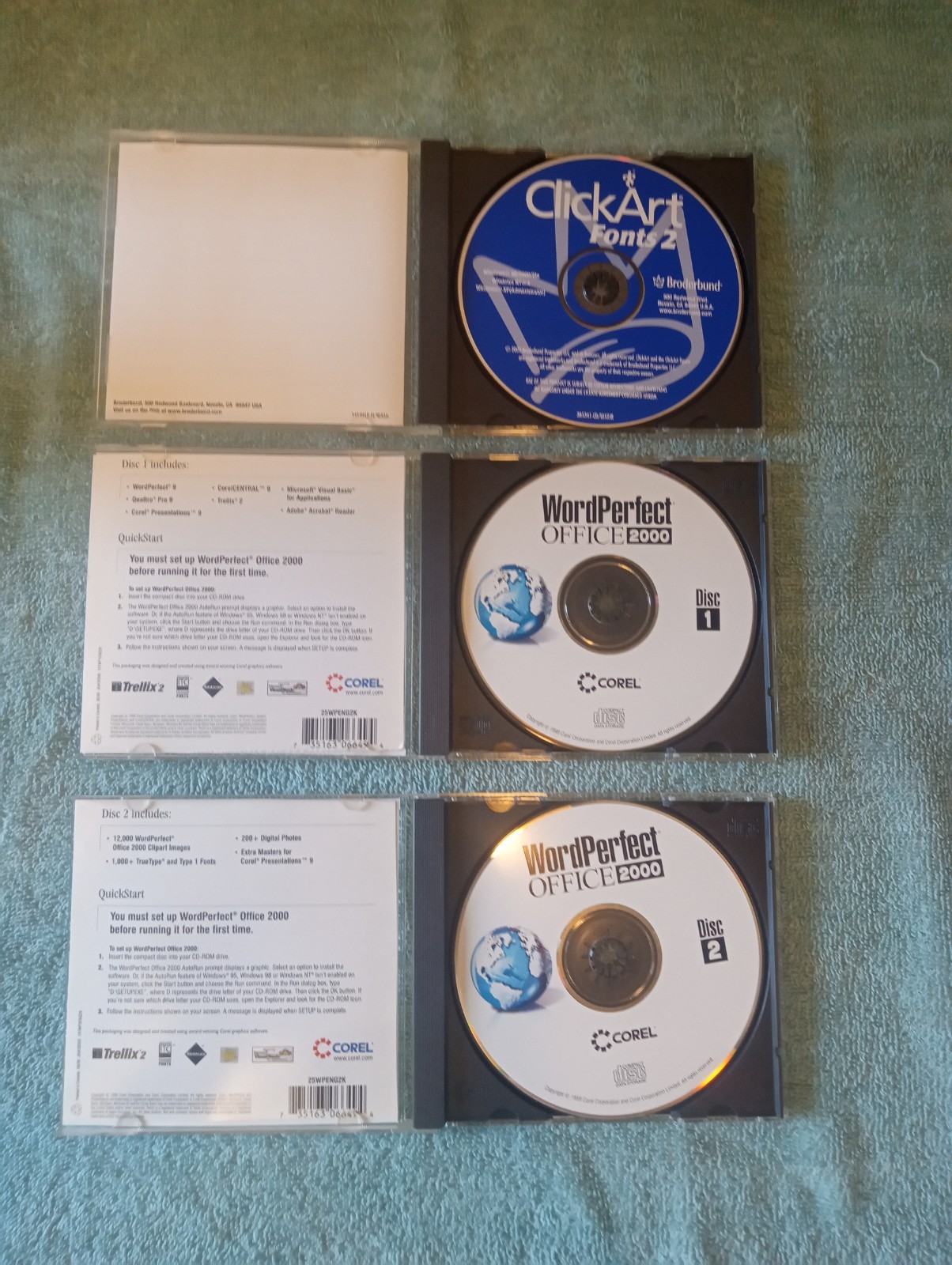 Corel WordPerfect Office 2000 – 2 CD’s And Broderbund Clickart Fonts CD