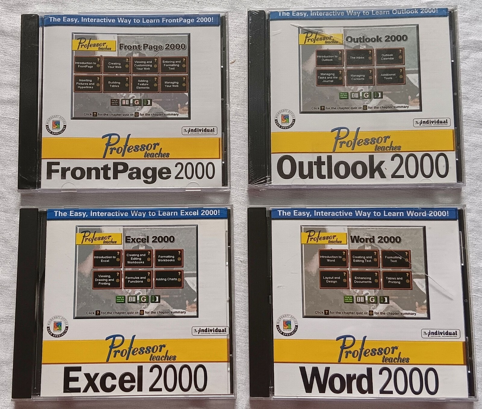LOT of 4 Professor Teaches Microsoft FrontPage Outlook (SEALED), Excel Word 2000