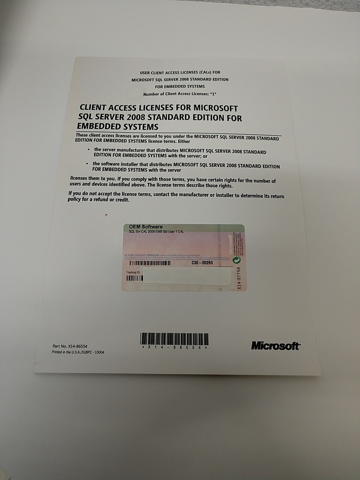 New, Sealed OEM Software SQL ( Server) Svr CAL 2008 EMB Std User 1 CAL X14-97758