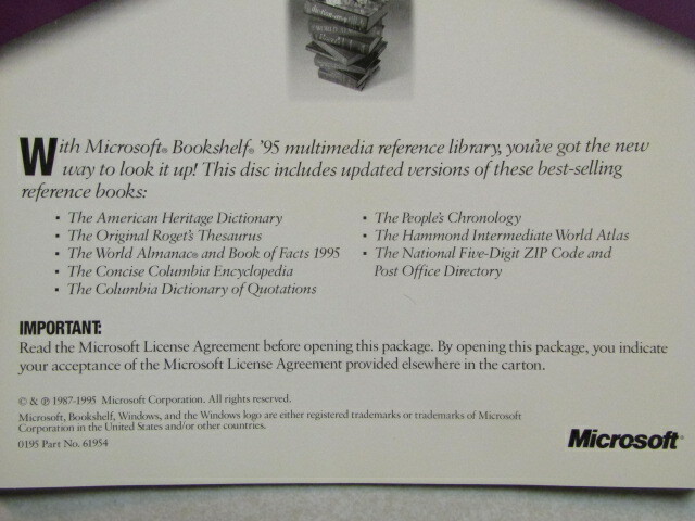 MICROSOFT BOOKSHELF ’95 MULTIMEDIA REFERENCE LIBRARY 086-052-022-0195/PT.# 62007