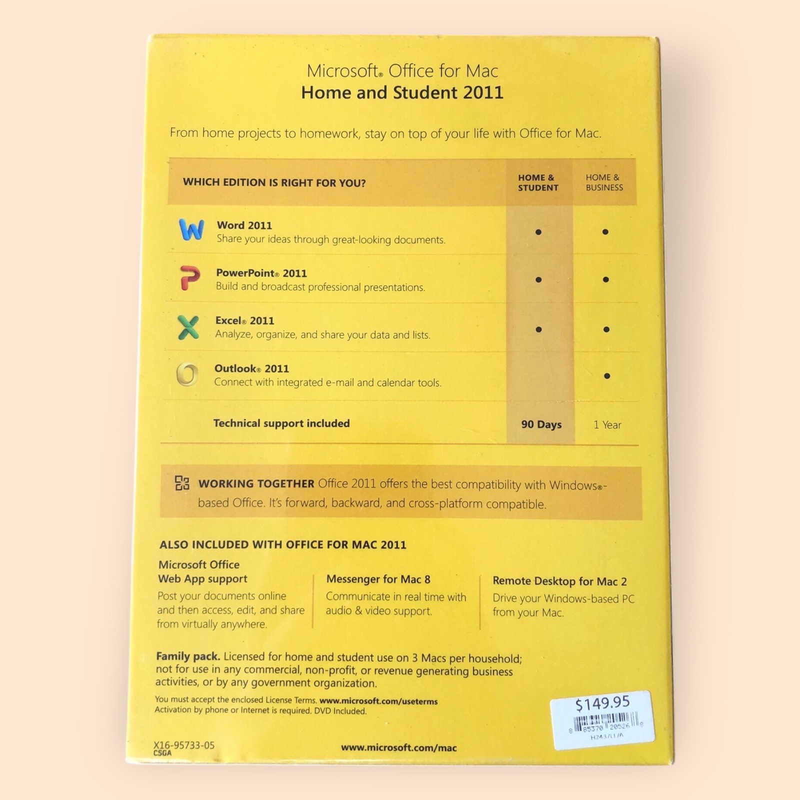Microsoft Office: Mac 2011 Home & Student Yellow Family Pack Software NEW Sealed
