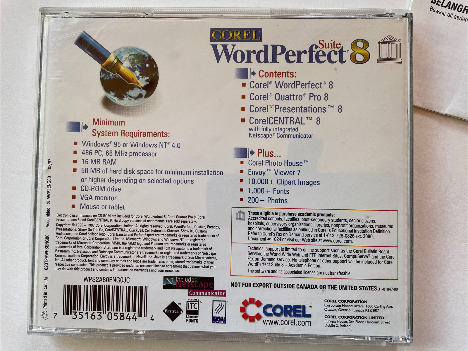 Corel Suite WordPerfect 8 Windows 95, NT4.0 Academic Ed. + WP Productivity Pack