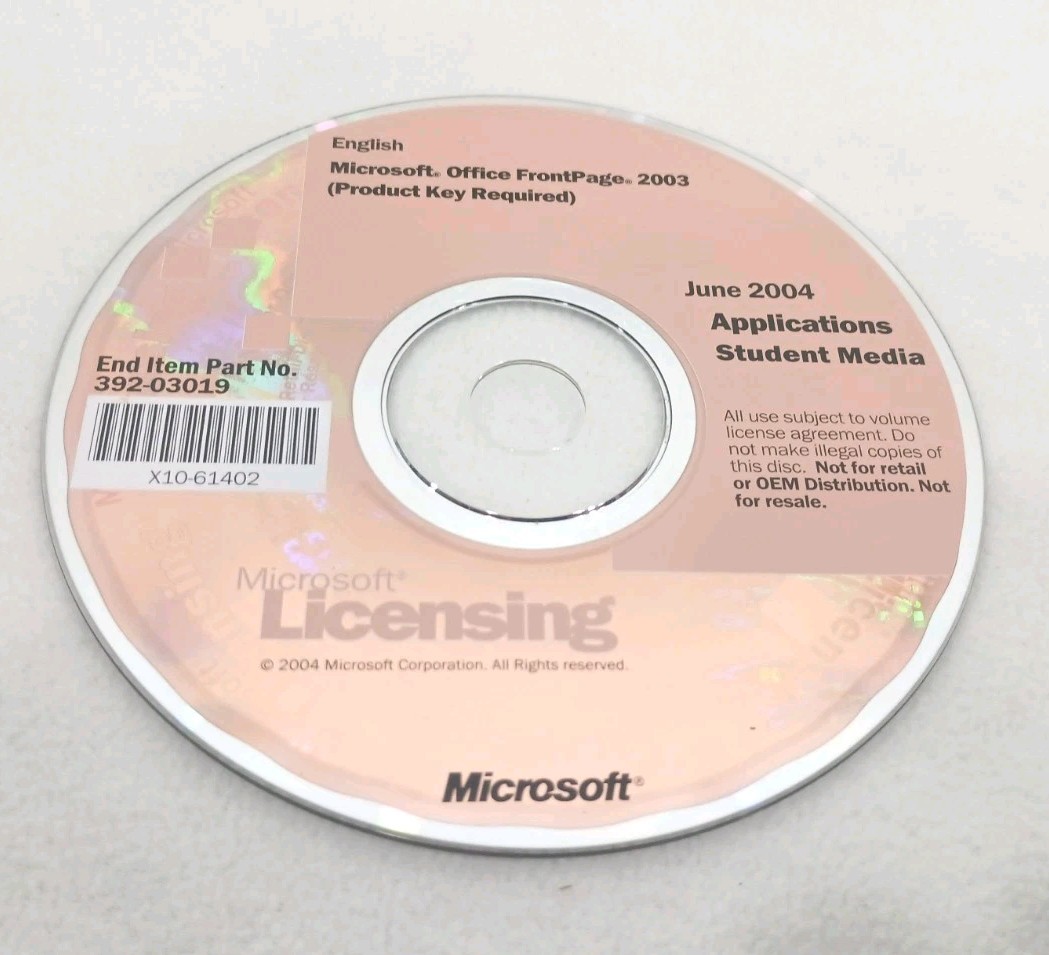 Microsoft Front Page 2003 Applications Student Media CD w/ Product Key Software