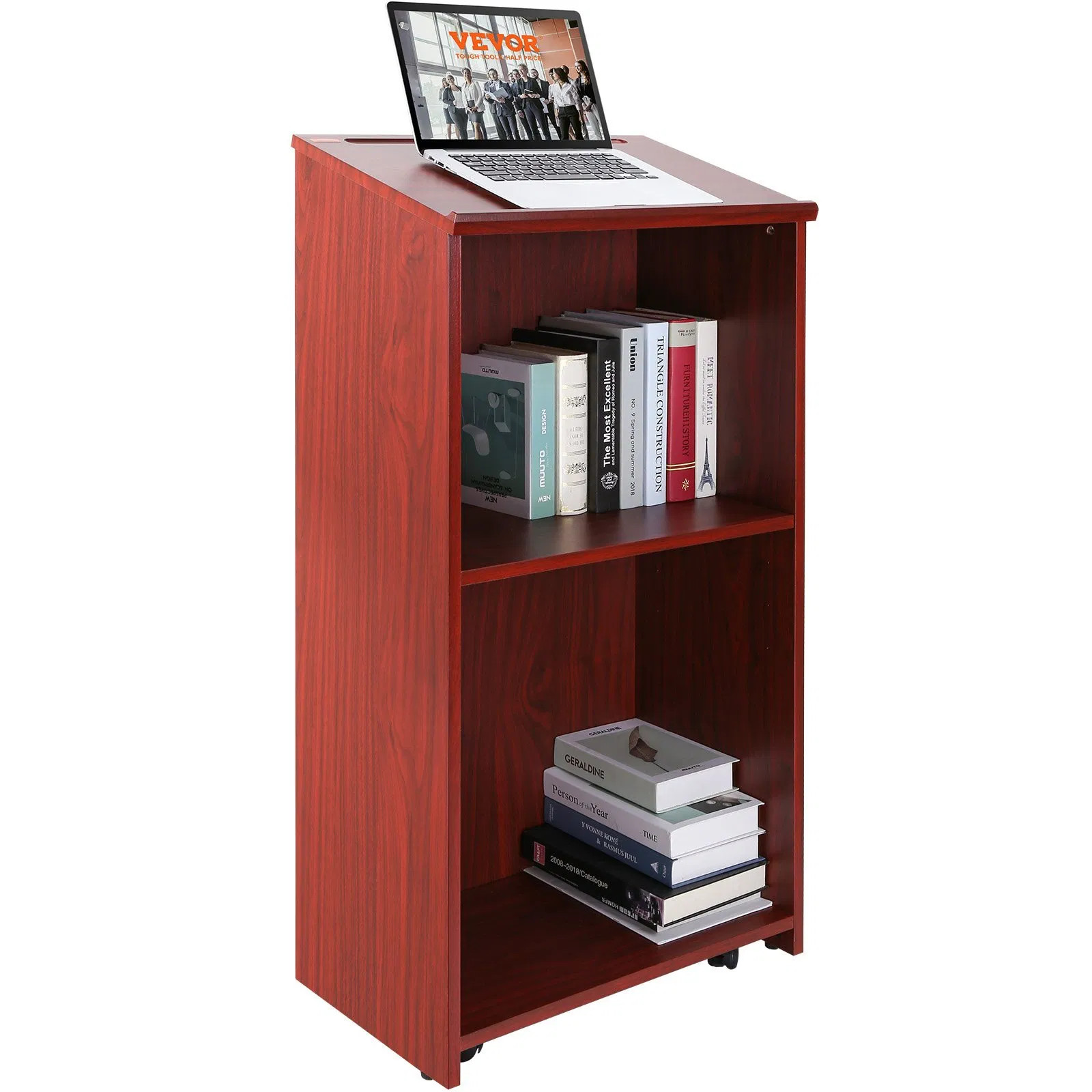Podium Stand, 47 inch Hostess Stand with 4 Rolling Wheels, Wood Podium with Stor