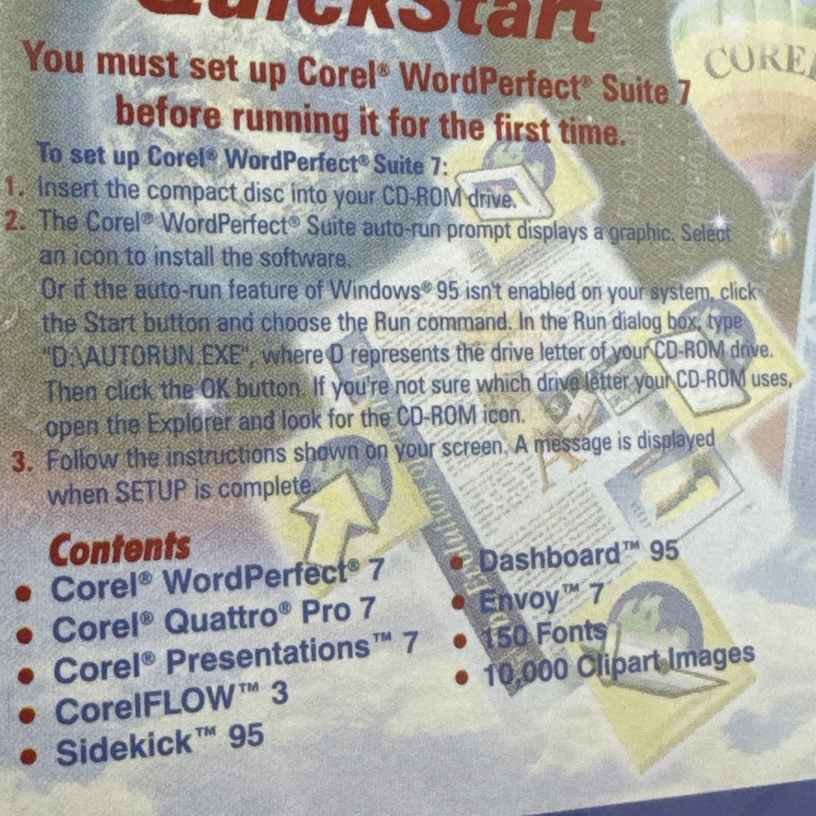 COREL Clipart/WordPerfect Suite 7 CD Windows 3.1/95/Me & Manuals – Vintage 1995