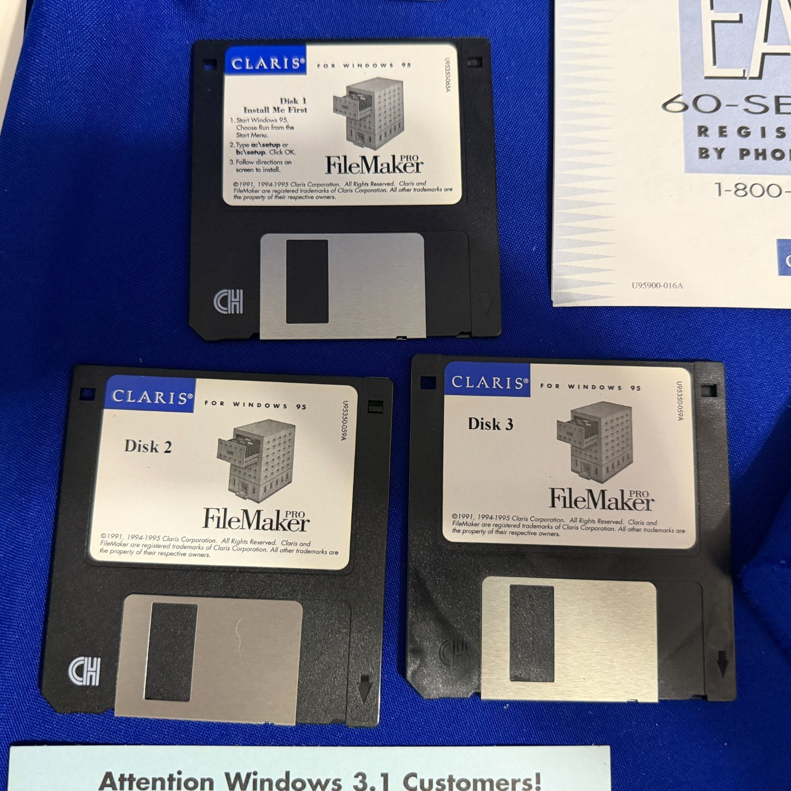 Vintage 1995 Claris FileMaker Pro 3.0 for Windows 95 – CD + 3 Floppy Disks + Doc