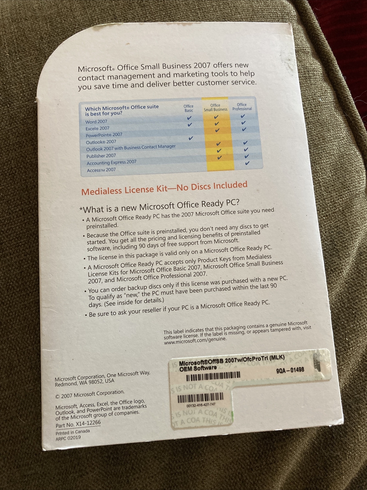 Microsoft Office 2007 small Business Medialess No Disc License Genuine Key