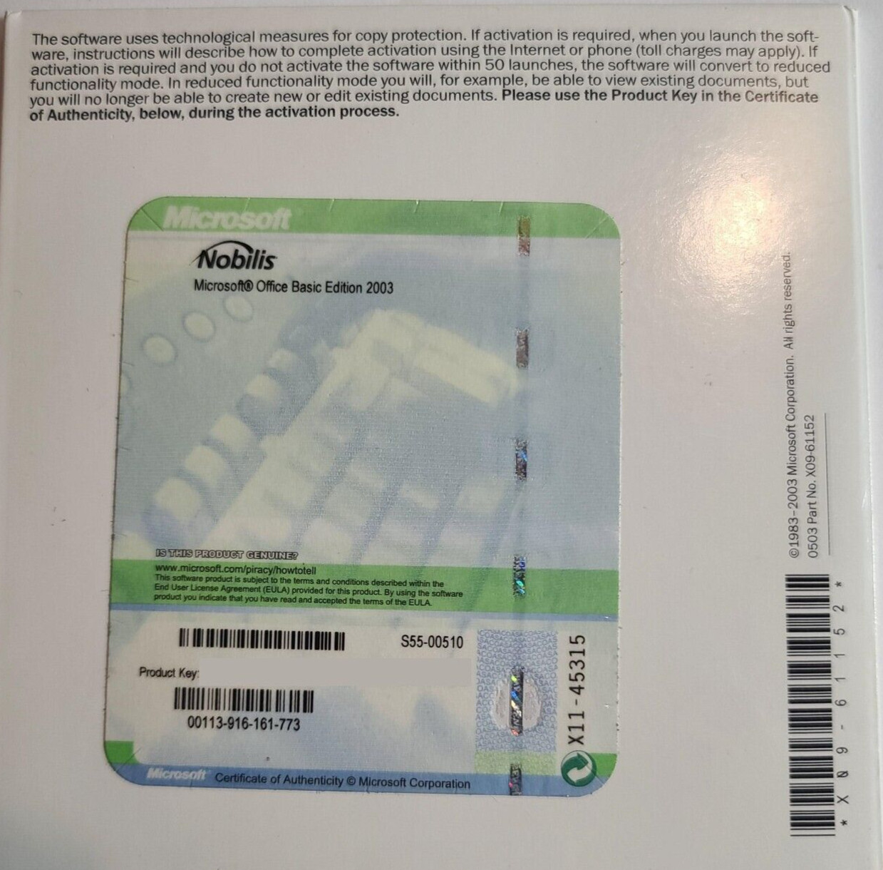 Microsoft Office Basic Edition 2003/CD With Activation Code/Nobilis