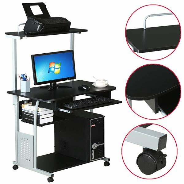 2 Tier Rolling Computer Desk w/Printer Shelf Keyboard Tray Black Home Office