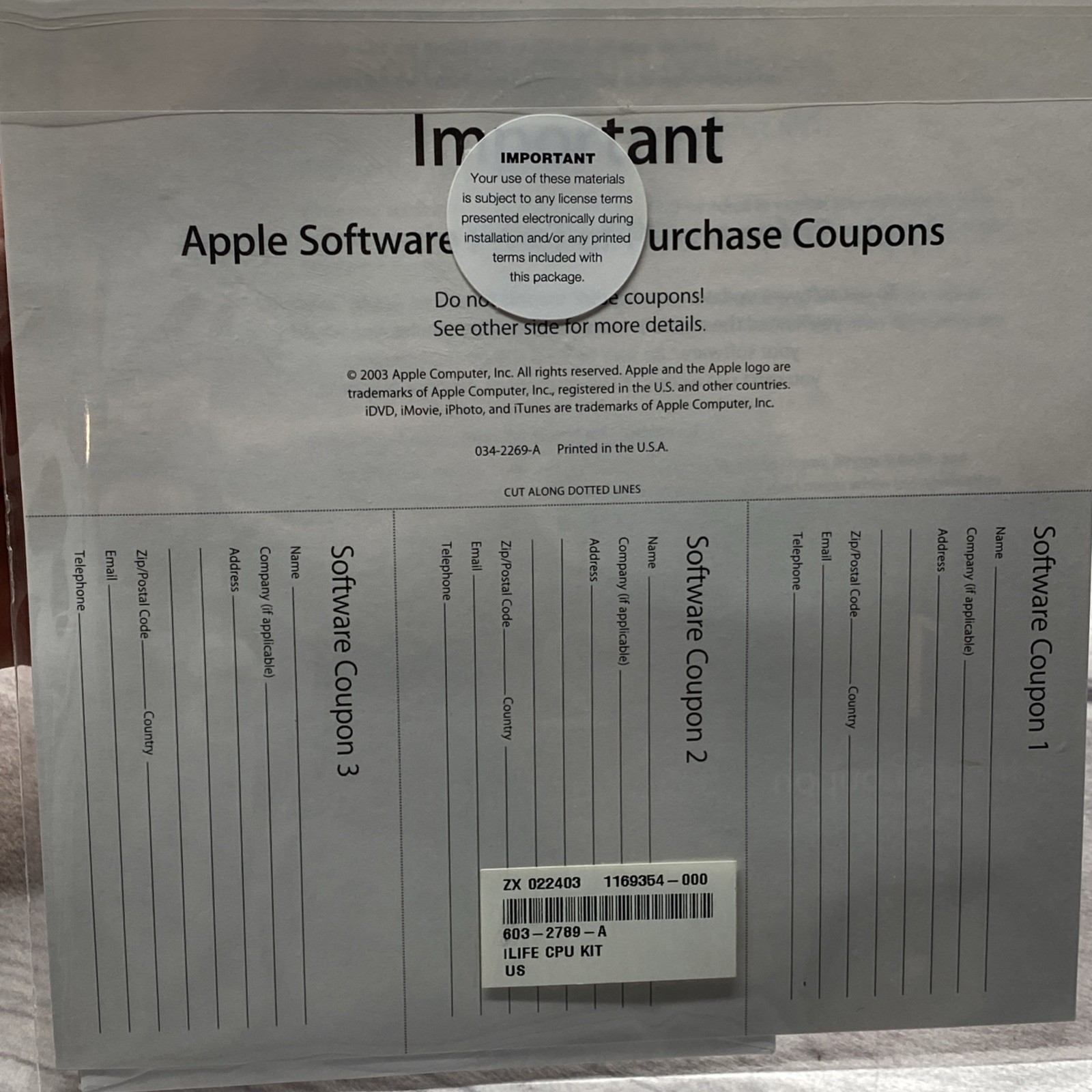 Apple – iTunes 3/iPhoto 2/iMovie 3 Installation Disc (Disc, 2003, Apple) 2z691