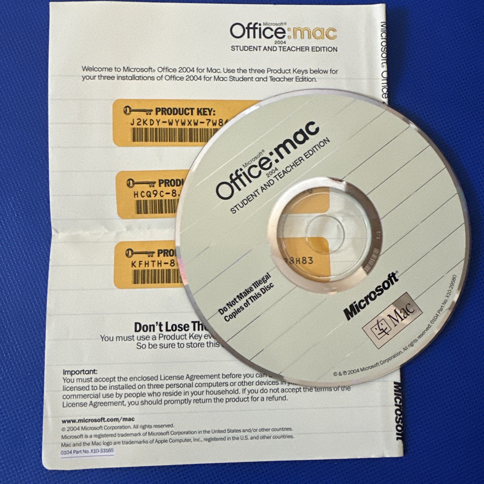Microsoft Office Mac Student and Teacher Edition 2004 with 3 product keys
