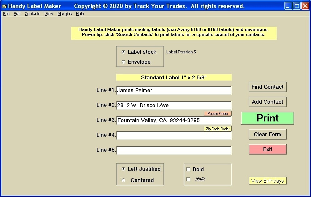 Software prints mailing labels. Home/Office Mass mailing, mail list Address book