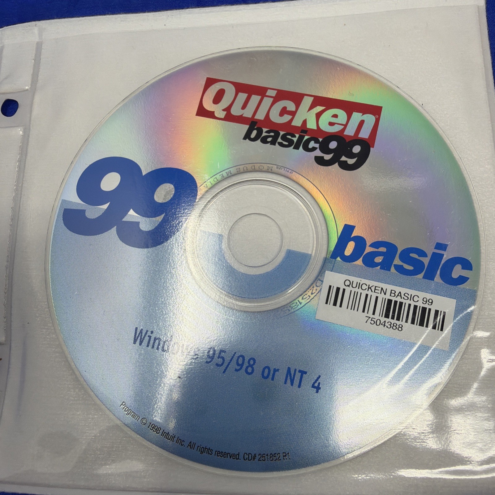 Intuit Quicken Basic 99 Software Disc for Win 95/98/NT4 – CD ONLY!!!!