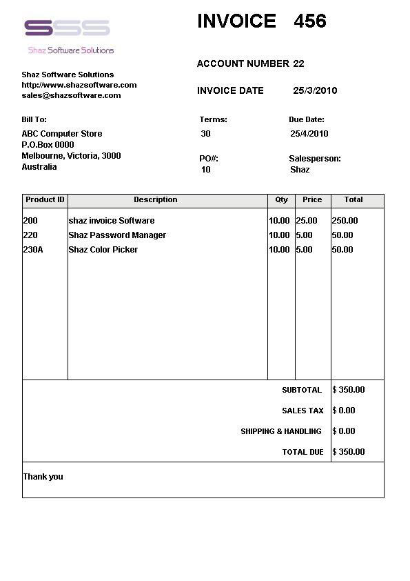 Shaz Invoice Software Business System Billing Generator Maker Creator AT SOFT01