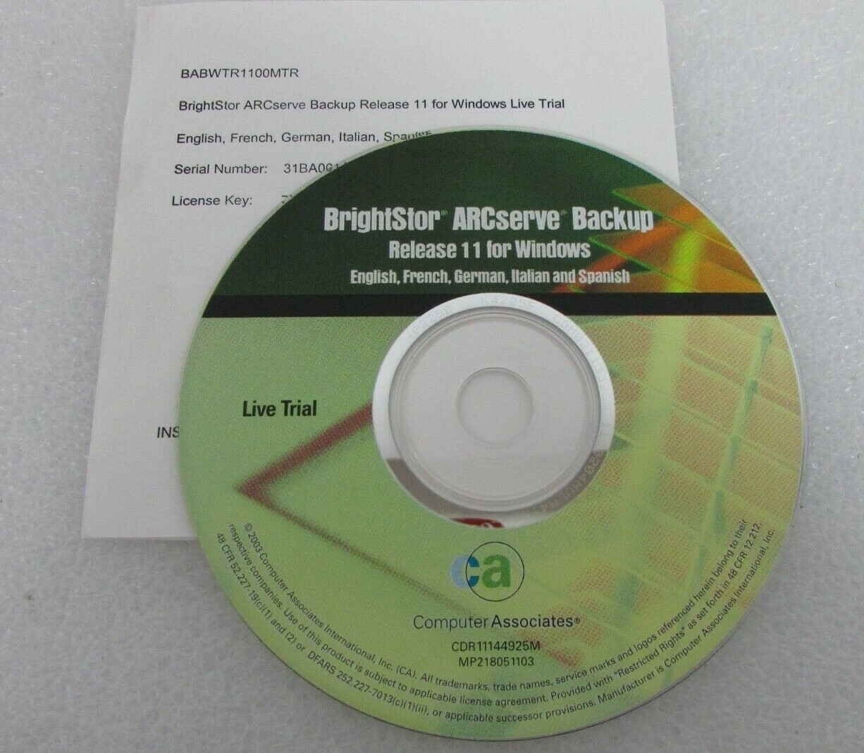 Brightstor ARCserve Backup For Windows Release 11 Live Trial PC Program