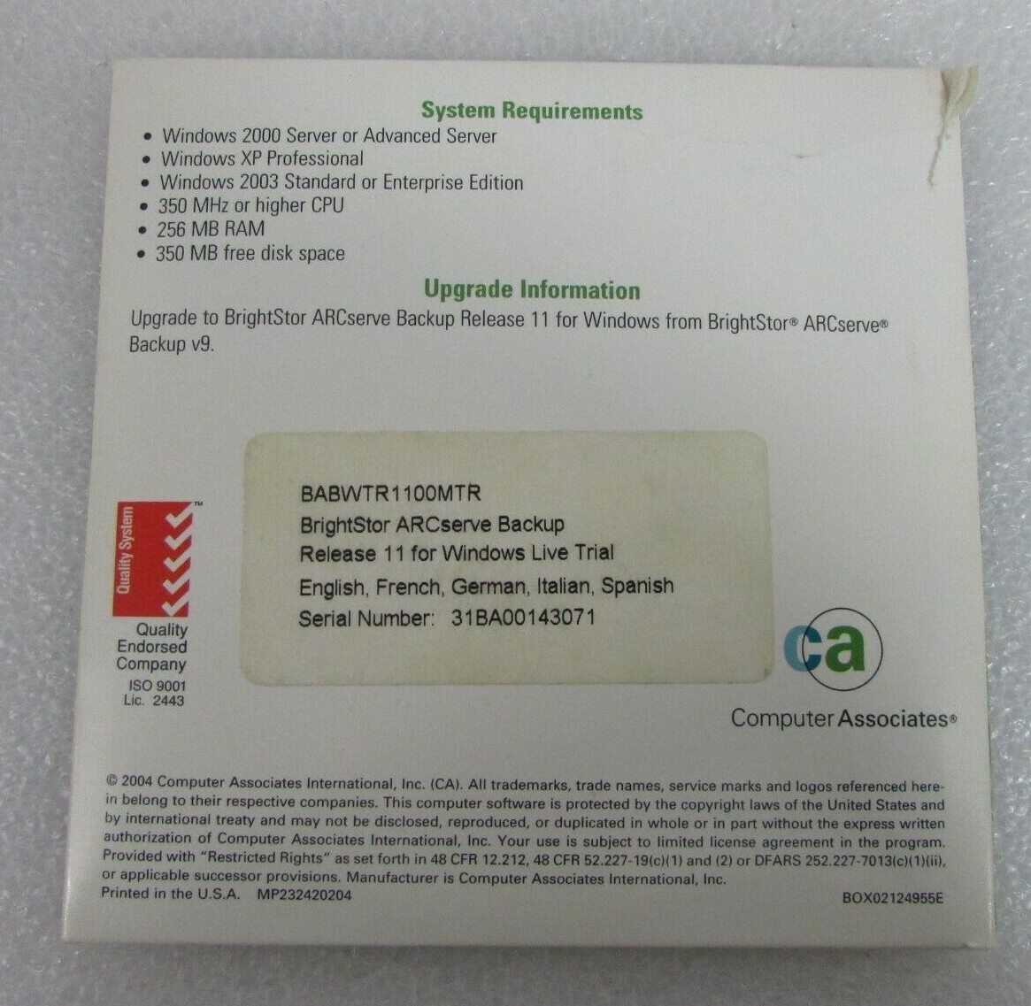 Brightstor ARCserve Backup For Windows Release 11 Live Trial PC Program