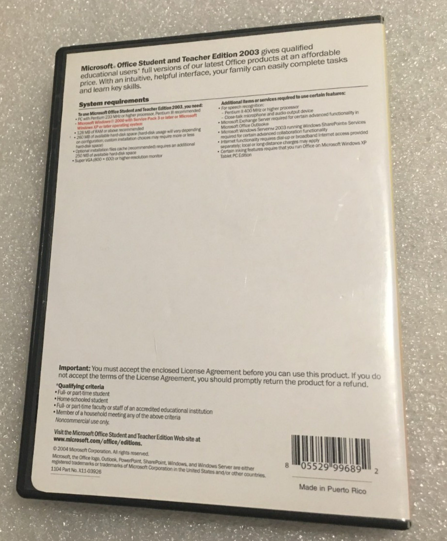 Microsoft Office 2003 Student and Teacher Edition Full Version MS w Key/booklet